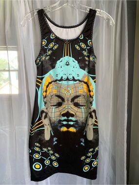 Sleeveless Black Mini Dress with Turquoise & Yellow Graphic